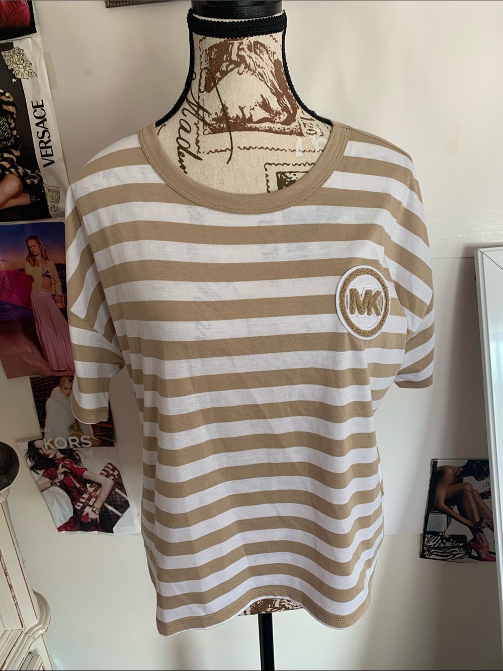 Michael Kors Tan and White Striped Short Sleeve Tee